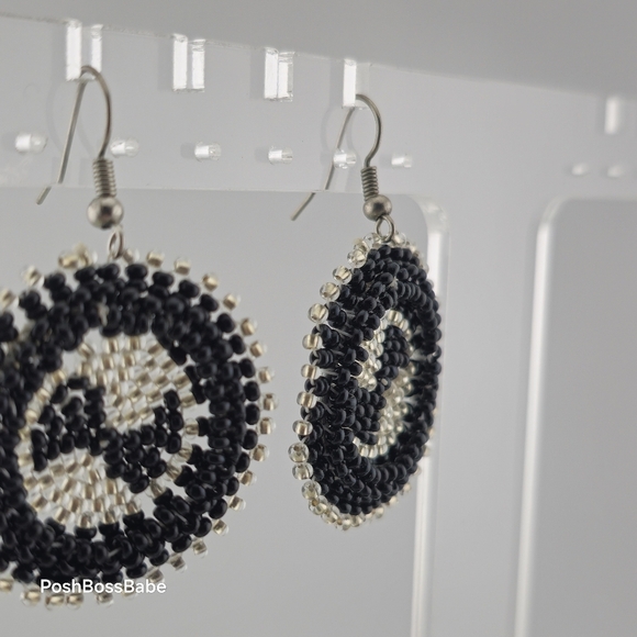 Handmade Black & Silver Beaded Earrings – 1.25" Diameter - Picture 4 of 15